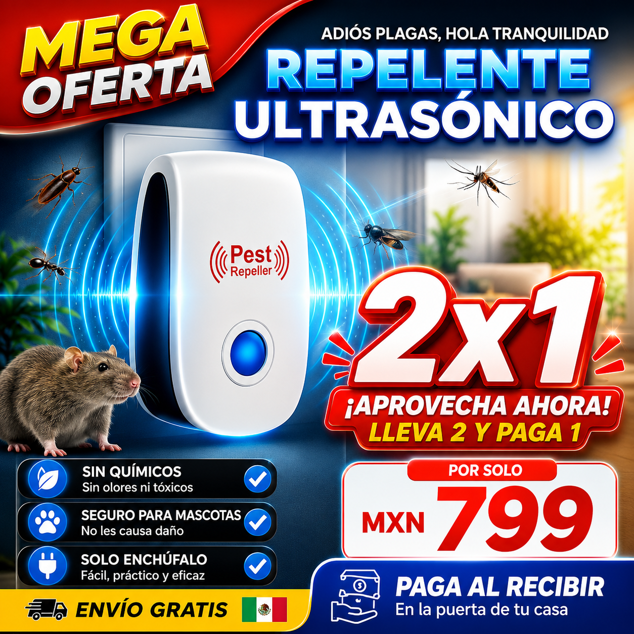 Repelente Ultrasónico 2x1 | Contra Ratones e Insectos