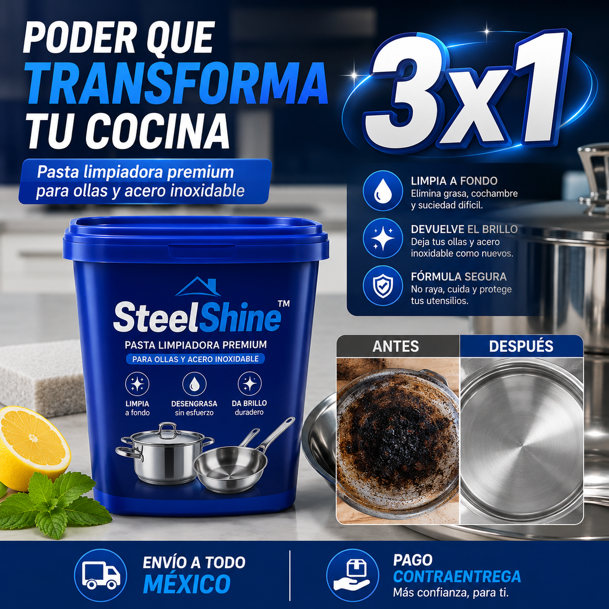 🏆 3X1 Pasta Limpiadora Premium para Ollas y Acero Inoxidable | SteelShine™