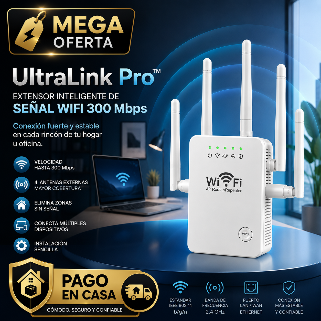 UltraLink Pro™ Extensor de Señal WiFi 300 Mbps