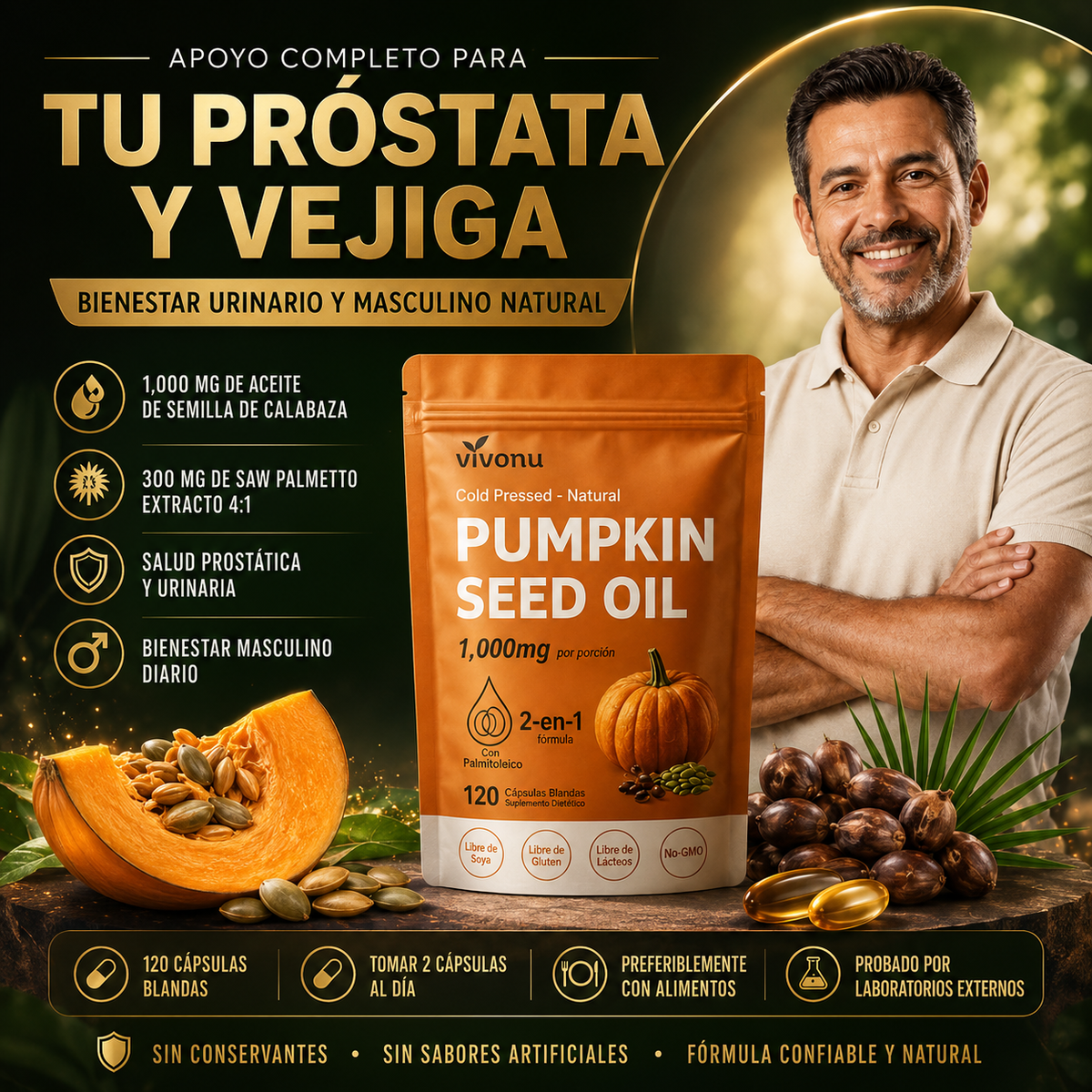 Aceite de Semilla de Calabaza + Saw Palmetto Vivonu™ | Apoyo para la Próstata y la Salud Urinaria | 300 Cápsulas Blandas
