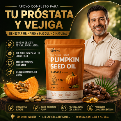 Aceite de Semilla de Calabaza + Saw Palmetto Vivonu™ | Apoyo para la Próstata y la Salud Urinaria | 300 Cápsulas Blandas