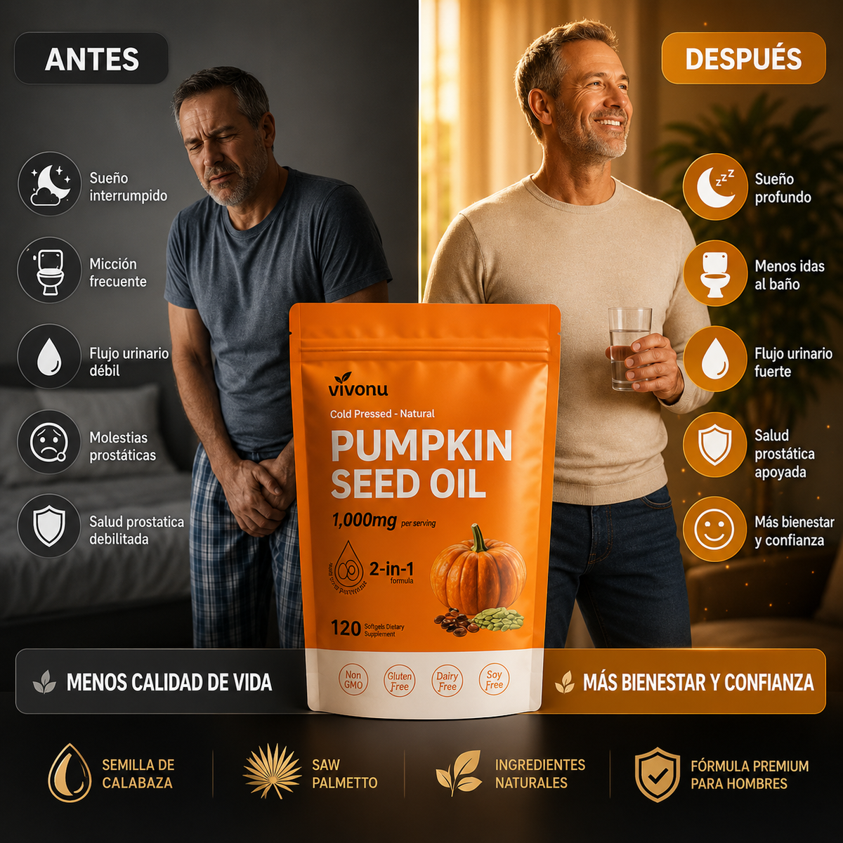 Aceite de Semilla de Calabaza + Saw Palmetto Vivonu™ | Apoyo para la Próstata y la Salud Urinaria | 300 Cápsulas Blandas