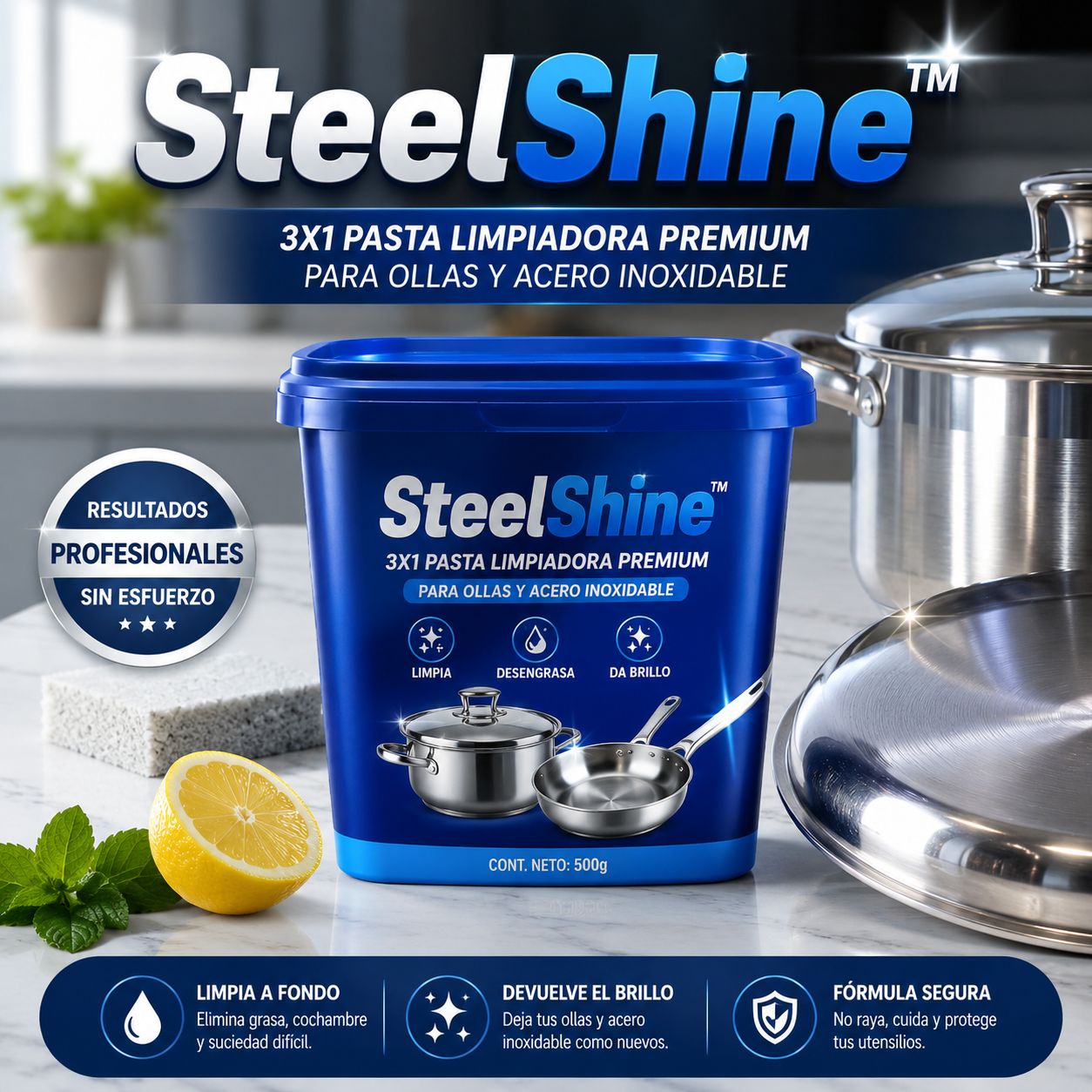 🏆 3X1 Pasta Limpiadora Premium para Ollas y Acero Inoxidable | SteelShine™
