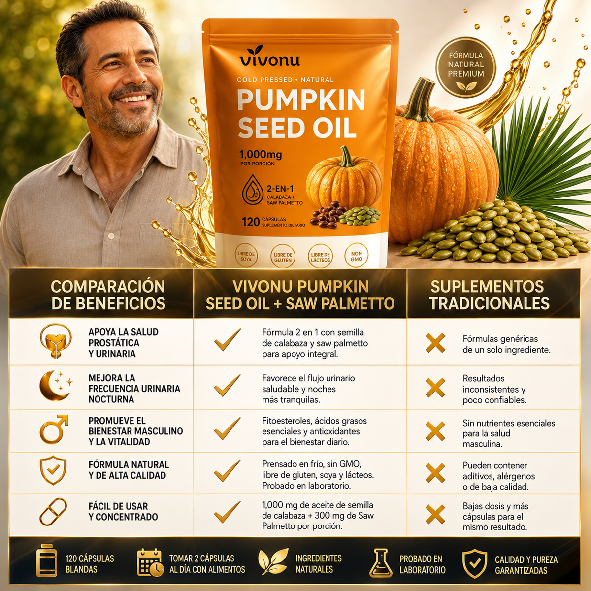 Aceite de Semilla de Calabaza + Saw Palmetto Vivonu™ | Apoyo para la Próstata y la Salud Urinaria | 300 Cápsulas Blandas
