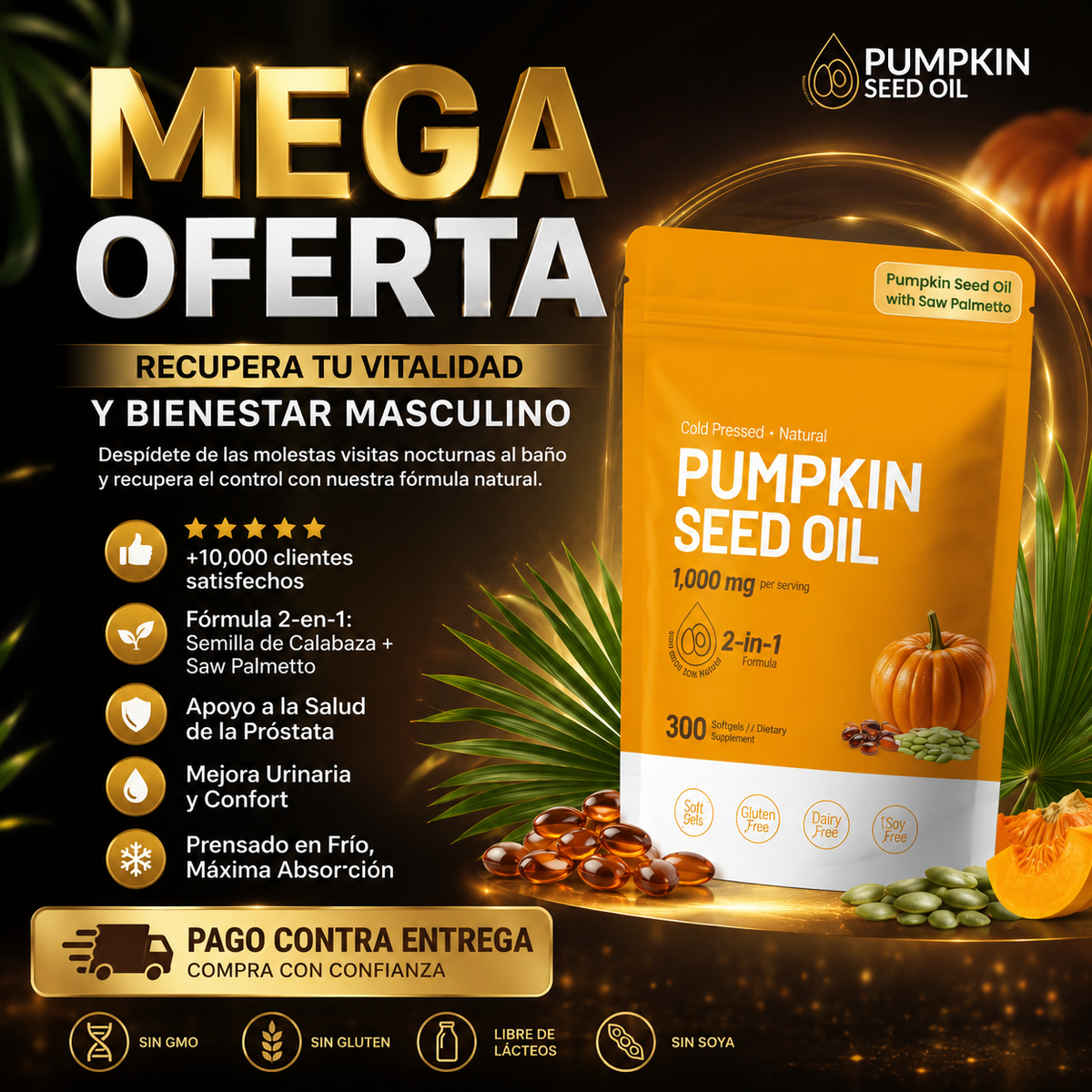 Aceite de Semilla de Calabaza + Saw Palmetto Vivonu™ | Apoyo para la Próstata y la Salud Urinaria | 300 Cápsulas Blandas