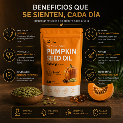 Aceite de Semilla de Calabaza + Saw Palmetto Vivonu™ | Apoyo para la Próstata y la Salud Urinaria | 300 Cápsulas Blandas