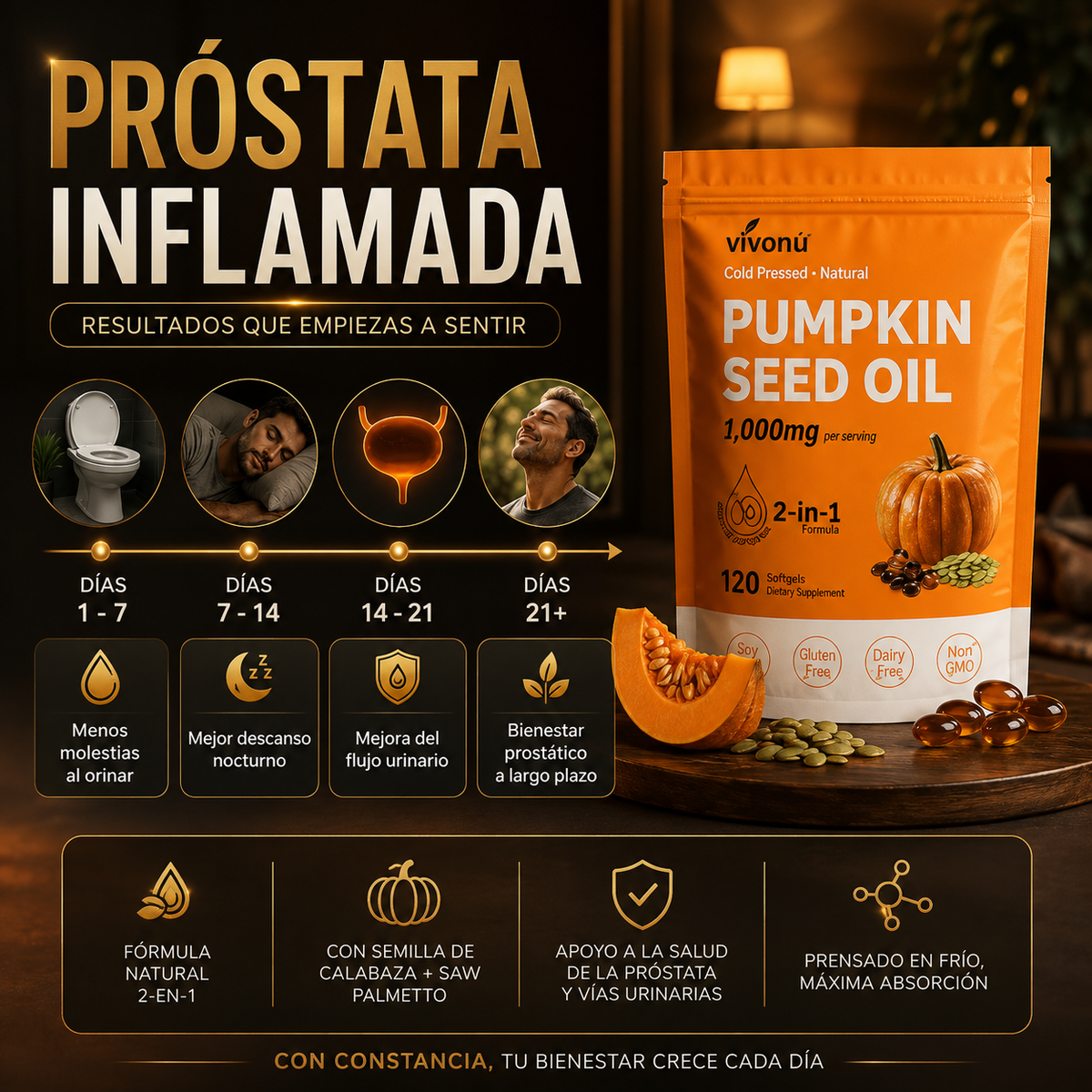 Aceite de Semilla de Calabaza + Saw Palmetto Vivonu™ | Apoyo para la Próstata y la Salud Urinaria | 300 Cápsulas Blandas
